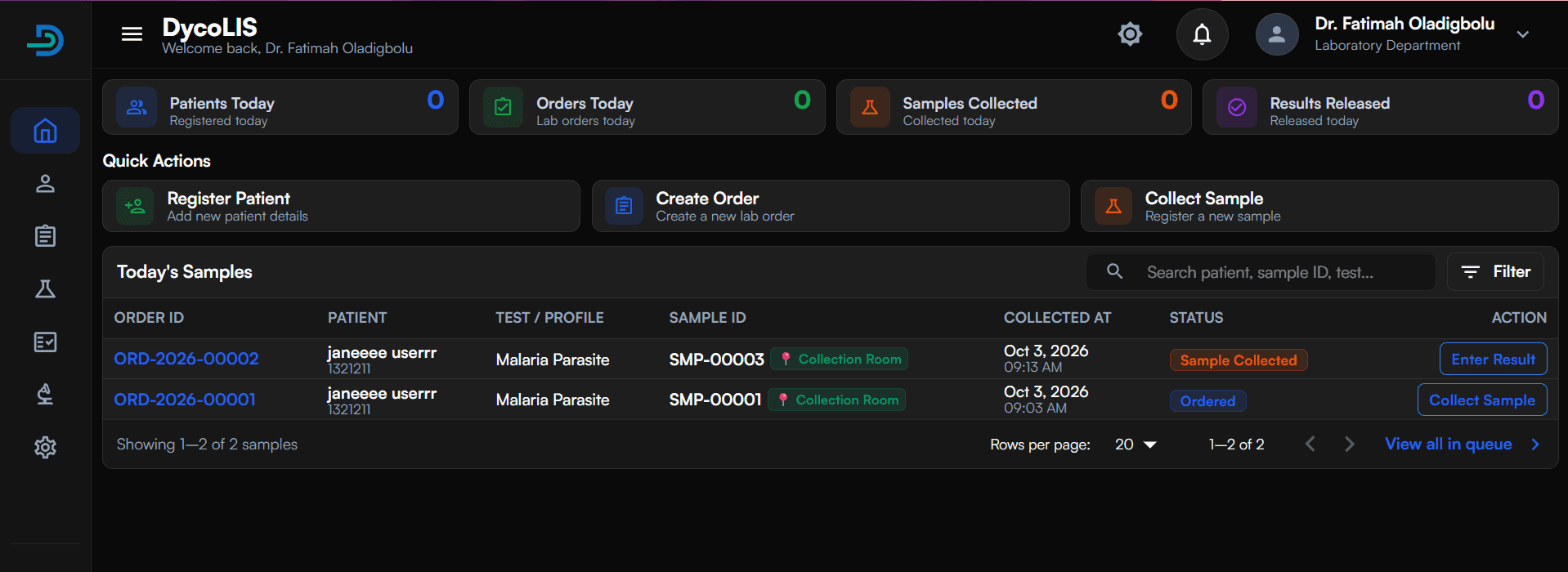 DycoLIS dashboard showing lab orders and sample collection