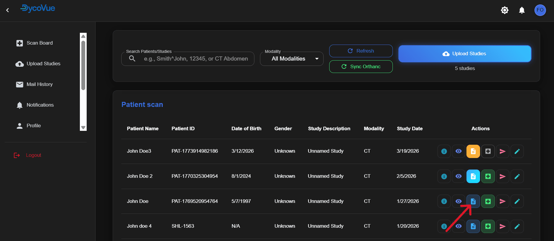 DycoSuite dashboard listing patient scans